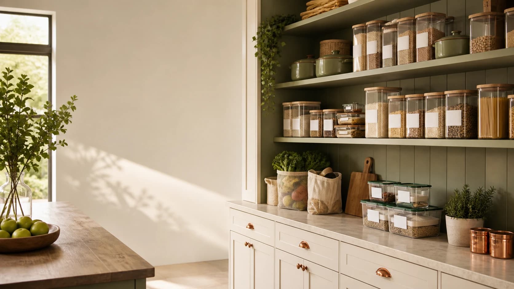 Organized cream and sage kitchen pantry