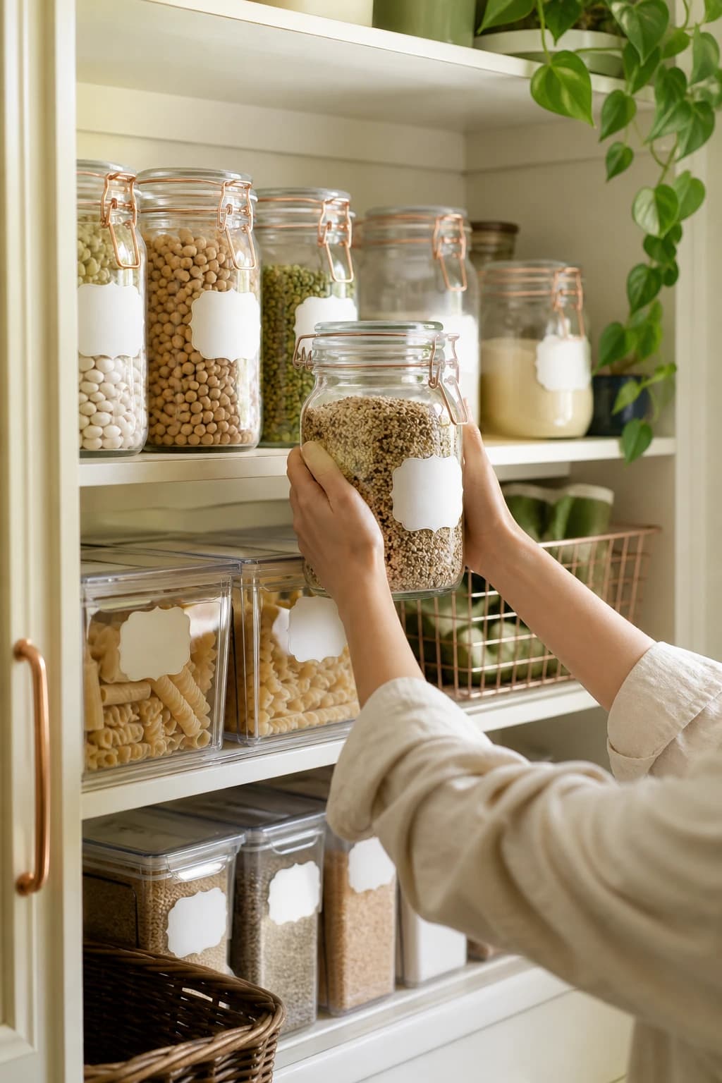 Hands arranging a calm kitchen pantry