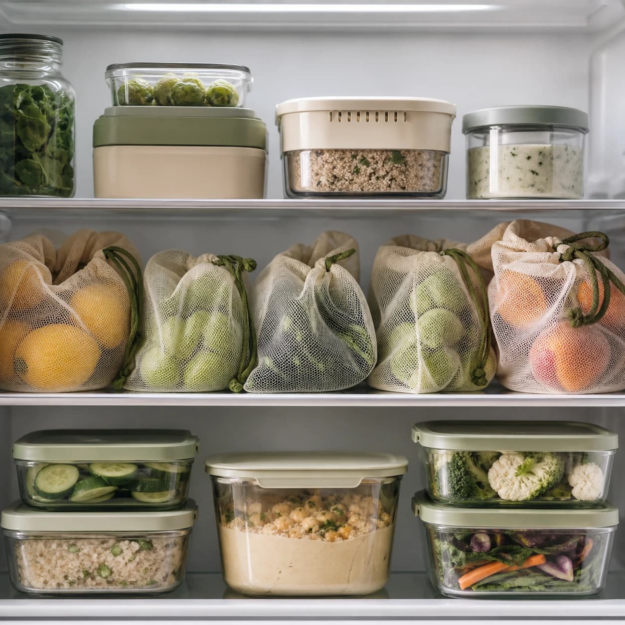 Organized refrigerator shelf with reusable containers