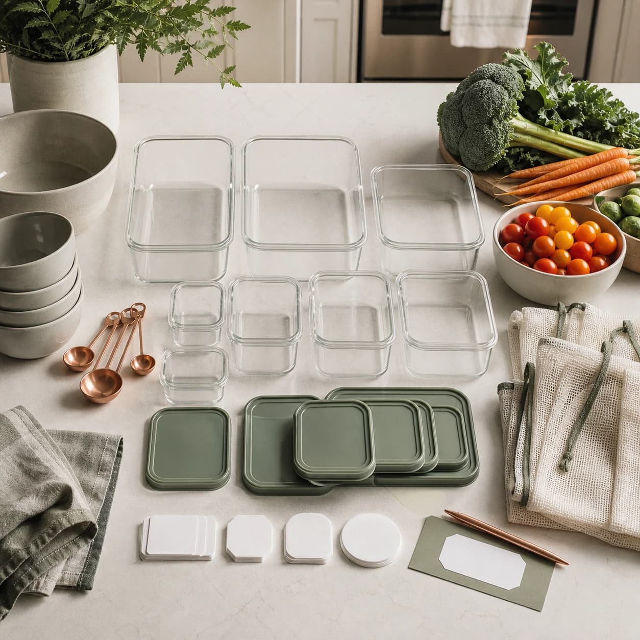 Meal organization on a cream kitchen island